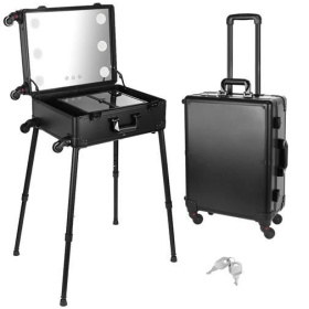 Επαγγελματική βαλίτσα για μακιγιάζ- κομμωτήριο Stand με Καθρέφτη, LED Φωτισμό, Ήχο και Ροδάκια, 65x132x59xcm μαύρο χρώμα